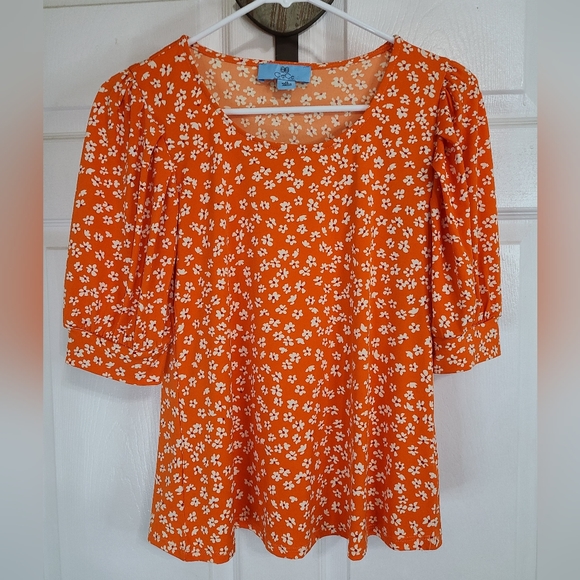 CeCe Woman's Floral Print Short Sleeve Blouse,  Size: XS Color: Orange - Picture 1 of 11